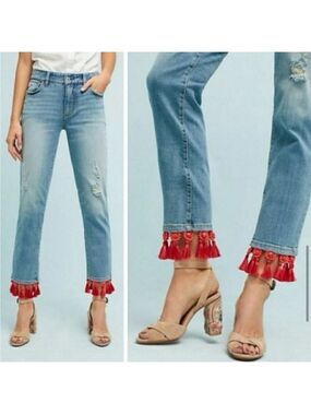 Pilcro and the Letterpress Slim Boyfriend Cropped Jeans red beaded tasseled hem